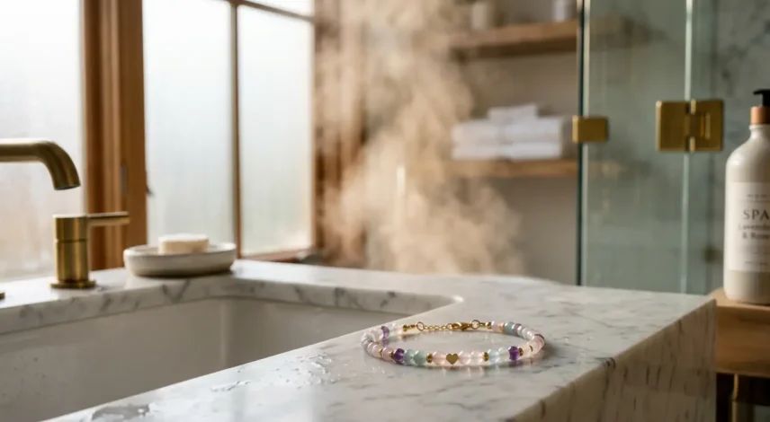 Crystal Bracelet Bathroom Lifestyle A hand holding a crystal bracelet near running shower water, illustrating why crystals should be removed before showering