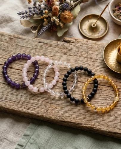 A collection of healing crystal bracelets including amethyst, rose quartz, and black tourmaline, displayed on a wooden surface with Himalayan incense
