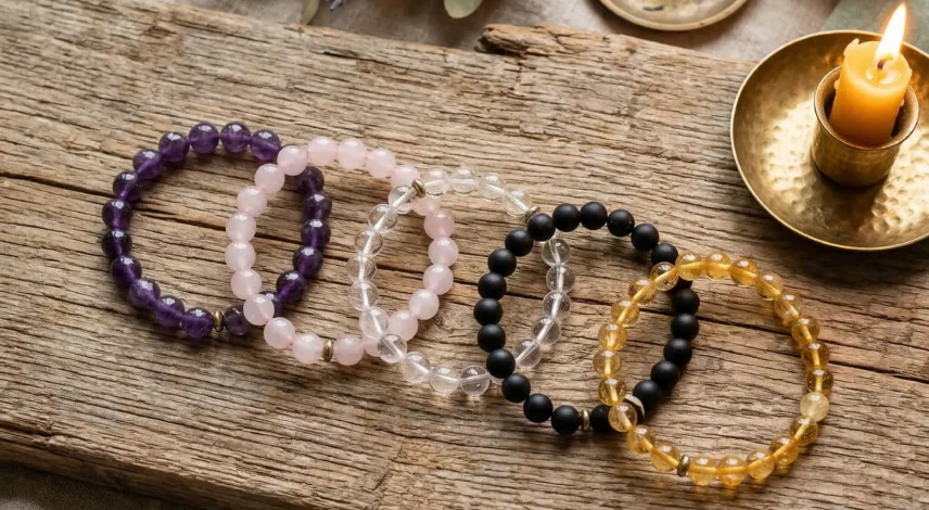 Crystal Bracelet Healing Properties A collection of healing crystal bracelets including amethyst, rose quartz, and black tourmaline, displayed on a wooden surface with Himalayan incense
