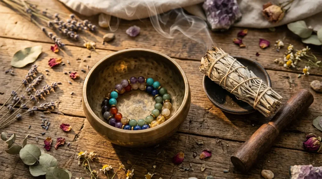 Crystal bracelet placed beside a Tibetan brass singing bowl with burning white sage bundle, traditional water-free crystal cleansing methods on a wooden surface