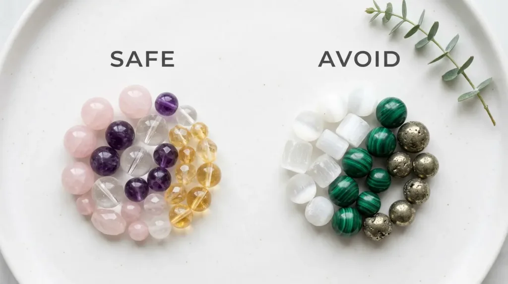 Side-by-side comparison of water-safe crystals (rose quartz, amethyst, clear quartz) and water-sensitive crystals (selenite, malachite, pyrite) showing different gemstone textures