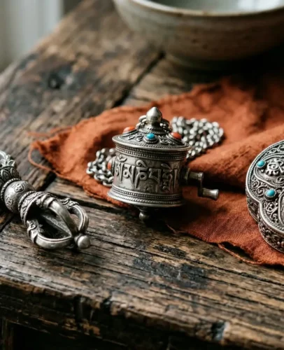 Sterling silver dorje, vajra, and prayer wheel pendants on aged wood — Tibetan Buddhist talismans from PotalaStore