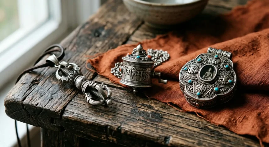 Sterling silver dorje, vajra, and prayer wheel pendants on aged wood — Tibetan Buddhist talismans from PotalaStore