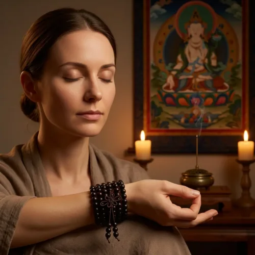 Woman in deep meditation wearing 108 ebony wood mala beads as 4-wrap wrist bracelet with incense smoke Tibetan thangka painting and candles in spiritual altar setting