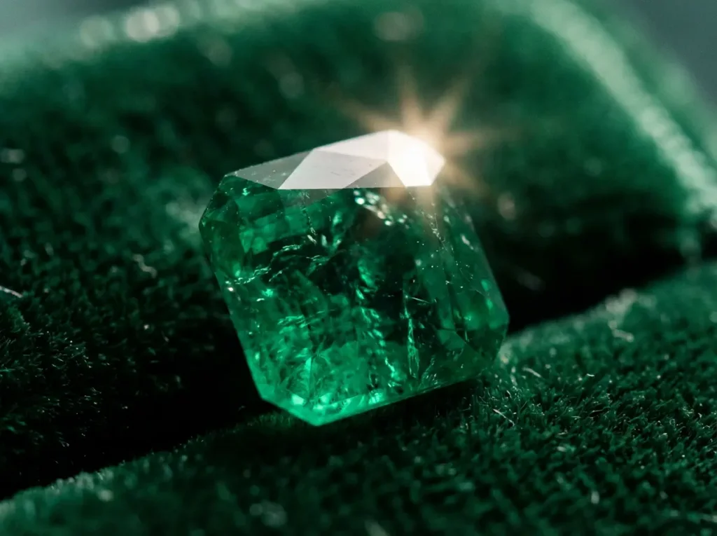 Close-up of a faceted emerald gemstone with deep green color, representing the primary Taurus birthstone associated with Venus and the heart chakra