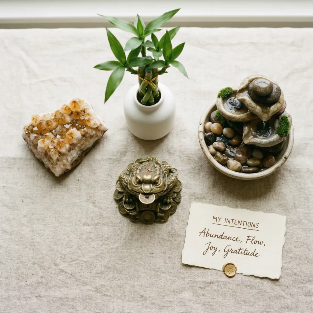 Flat lay of five feng shui abundance altar items: citrine crystal, lucky bamboo, money frog figurine, small tabletop fountain, and a handwritten intention card on linen background
