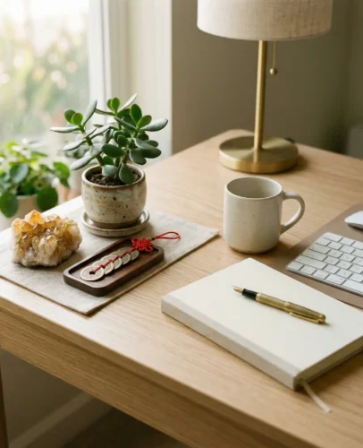 Feng Shui Abundance Altar on a Modern Office Desk A feng shui abundance altar arranged on a wooden office desk, featuring a citrine crystal, jade plant, and Chinese coins in the upper-left wealth corner