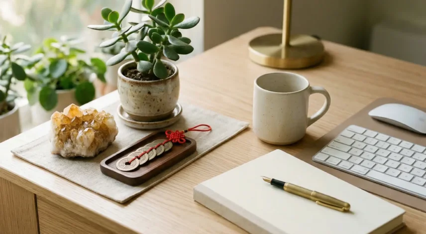 Feng Shui Abundance Altar on a Modern Office Desk A feng shui abundance altar arranged on a wooden office desk, featuring a citrine crystal, jade plant, and Chinese coins in the upper-left wealth corner