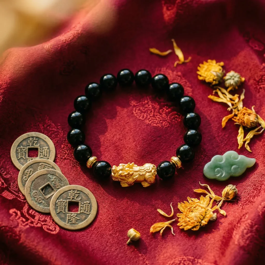 A feng shui black obsidian bracelet featuring a gold Pi Xiu charm, displayed on a red silk cloth alongside Chinese coins and a small jade figurine, symbolizing wealth attraction and financial protection