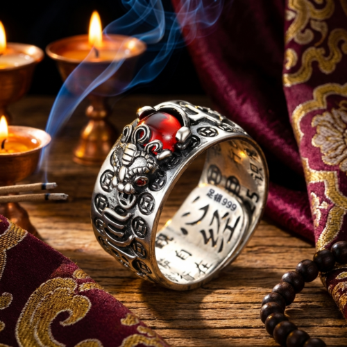 Antique silver feng shui PiXiu red garnet ring displayed on a Tibetan altar surrounded by butter lamps, incense smoke, prayer beads, and crimson brocade fabric