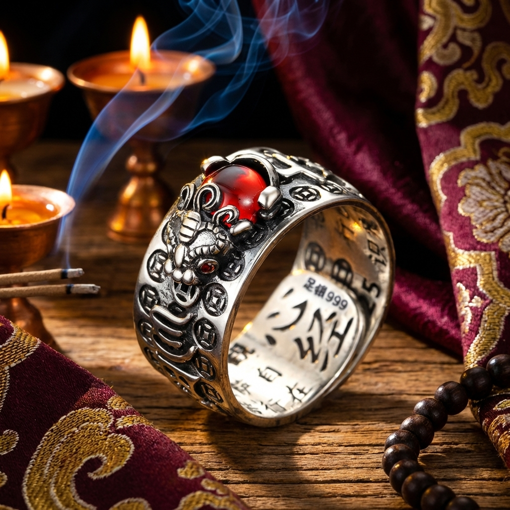 Feng Shui PiXiu Red Garnet Heart Sutra Ring – Antique Silver PotalaStore Antique silver feng shui PiXiu red garnet ring displayed on a Tibetan altar surrounded by butter lamps, incense smoke, prayer beads, and crimson brocade fabric