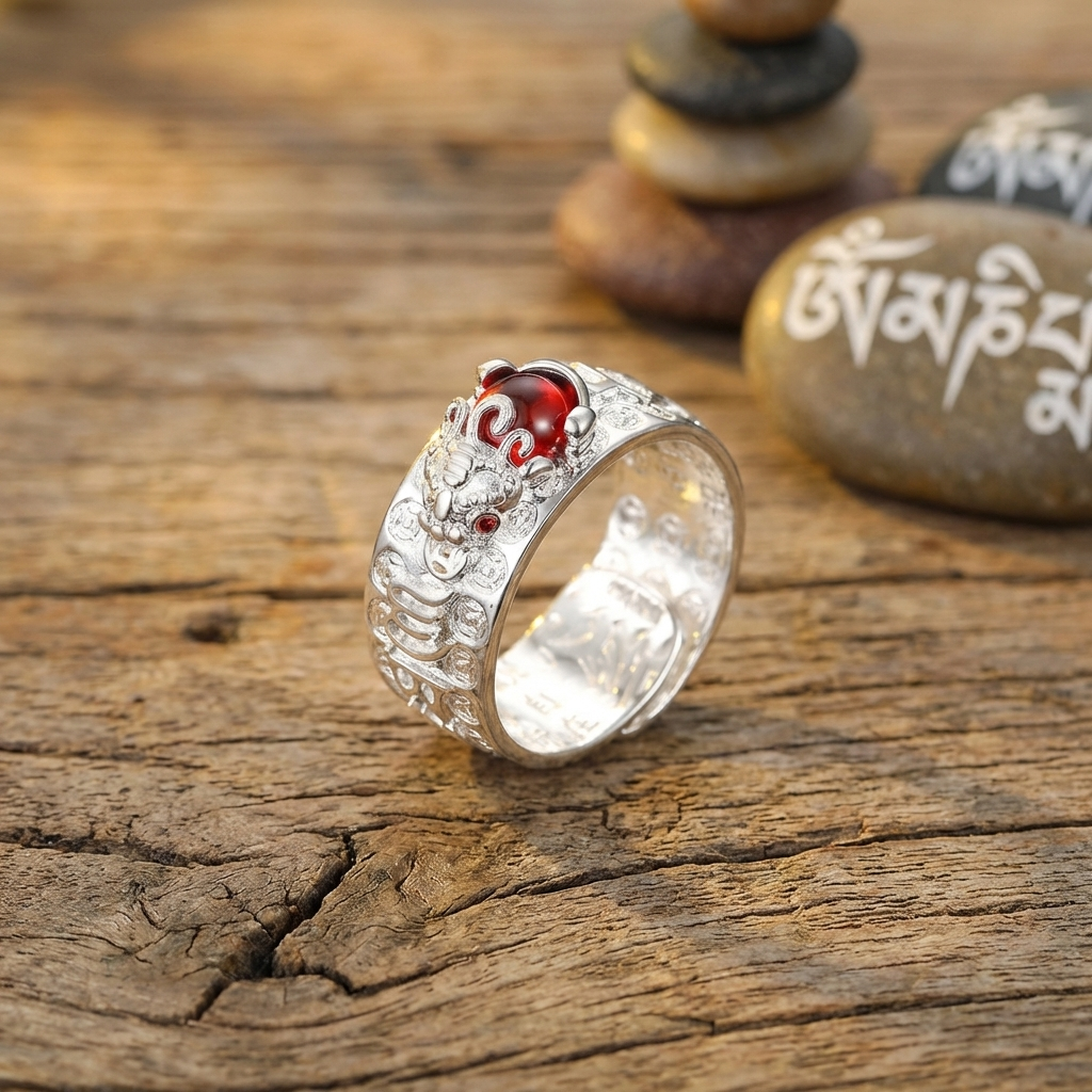 Feng Shui PiXiu Ring Silver with Red Garnet – Natural Wood & Tibetan Mani Stone PotalaStore Bright silver PiXiu red garnet ring on aged driftwood surface with stacked Tibetan mani prayer stones engraved with Om Mani Padme Hum mantra in the background
