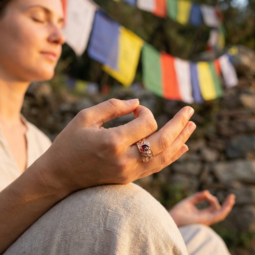 FengShui PiXiu Red Garnet Ring Worn During Meditation – Rose Gold PotalaStore Woman meditating outdoors wearing a rose gold PiXiu red garnet feng shui ring on her left hand middle finger, with colorful Tibetan prayer flags in the background