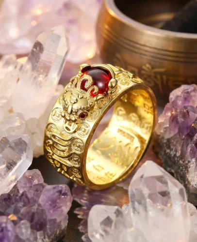 FengShui PiXiu Ring 24K Gold Plated with Red Garnet – Crystal Energy Display PotalaStore 24K gold plated PiXiu red garnet wealth ring resting among clear quartz crystals and amethyst clusters with a Tibetan singing bowl in the background