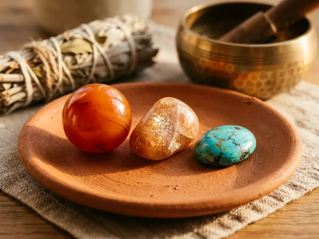 Three fire sign zodiac crystals — carnelian, sunstone, and turquoise — displayed on warm terracotta surface with dried sage and Tibetan singing bowl in background