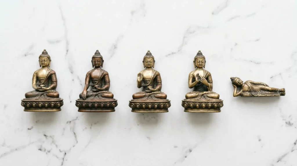 Side-by-side comparison of five Buddha statue types: Meditating, Earth-Touching, Protection, Teaching, and Reclining, each showing a distinct hand gesture (mudra)