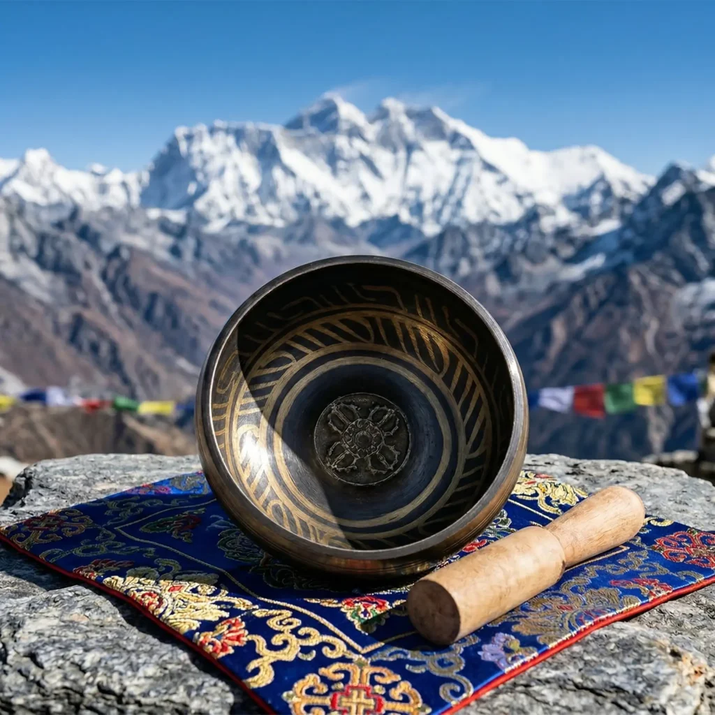 Handmade copper Tibetan singing bowl with wooden mallet resting on Himalayan embroidered cloth, snow-capped peaks and prayer flags in background