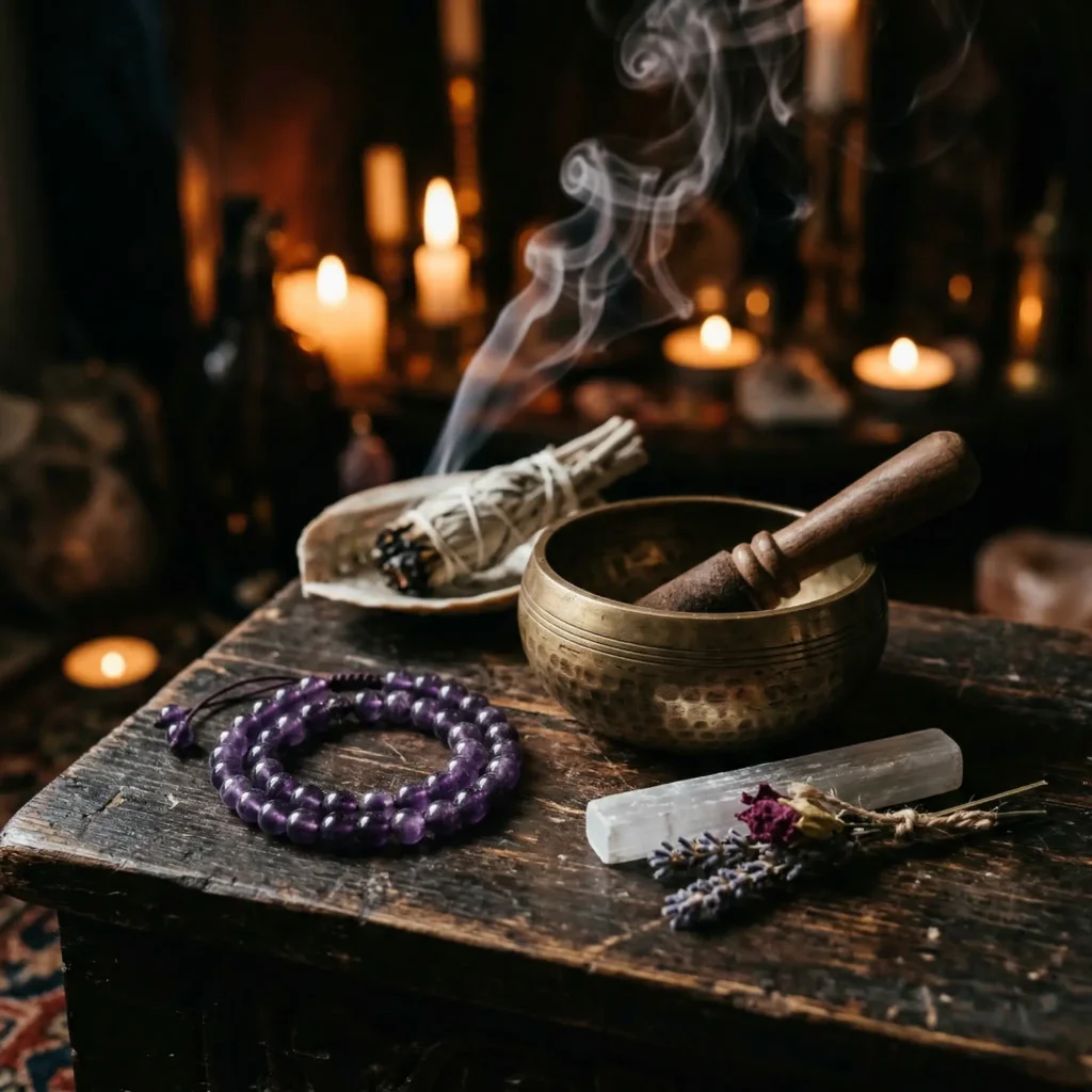 A crystal bracelet resting beside a Tibetan singing bowl with white sage smoke drifting over it, used for energetic cleansing and recharging