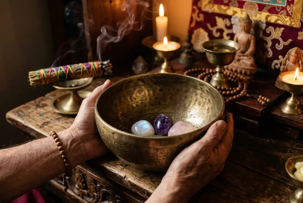 Hands holding a Tibetan singing bowl with assorted healing crystals placed inside, surrounded by burning Tibetan incense sticks and moonlight, demonstrating crystal cleansing ritual