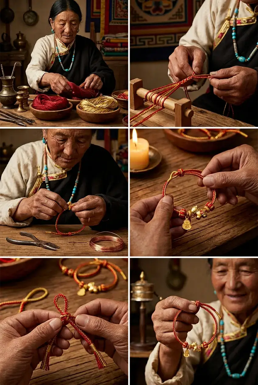 Step-by-step process of a Tibetan artisan handweaving a red string and copper luck bracelet for the 2026 Year of the Horse, showing traditional braiding and charm-setting craftsmanship