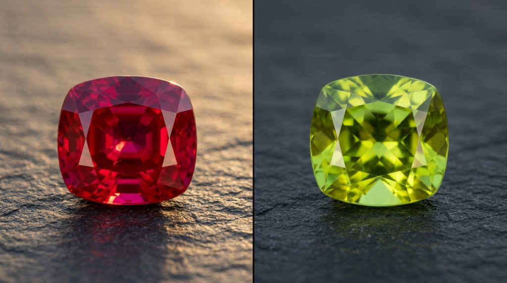 Split image showing ruby gemstone for July Leo on the left and peridot gemstone for August Leo on the right, illustrating the birthstone difference by birth month
