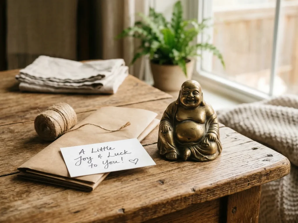 Close-up detail comparison of three Buddha statue materials: polished brass with warm golden tone, carved natural wood with visible grain, and smooth pale stone, arranged on a neutral linen surface