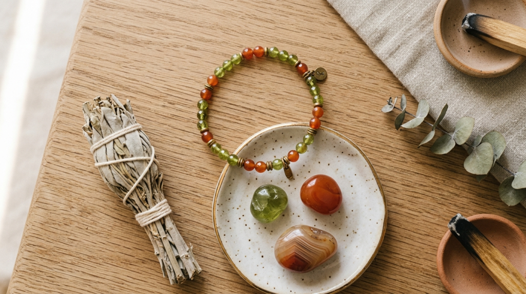 Peridot and carnelian crystal bracelet alongside tumbled gemstones and a white sage bundle on a wooden surface, showing ways to use Leo birthstones in daily practice