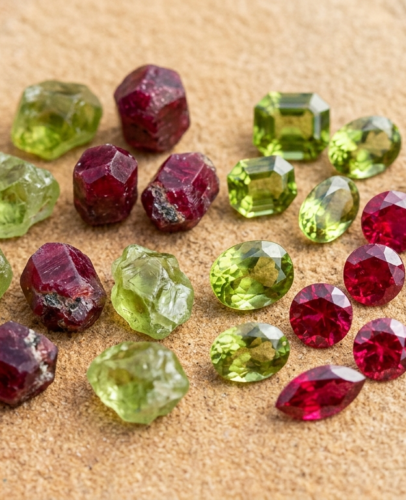 Leo Birthstone Peridot and Ruby Gemstones Peridot and ruby gemstones side by side, representing the primary birthstones for Leo zodiac sign