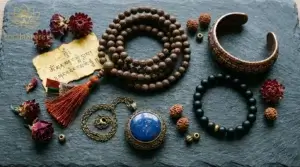 A collection of monastery-blessed Tibetan spiritual jewelry for Mercury retrograde protection, including black obsidian bracelets, lapis lazuli pendant, and bodhi seed mala beads, arranged on aged stone