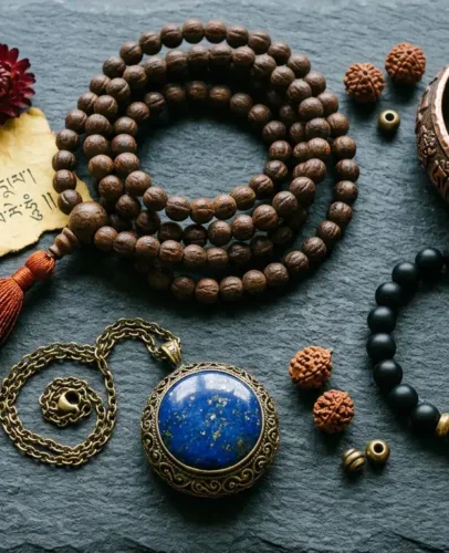 A collection of monastery-blessed Tibetan spiritual jewelry for Mercury retrograde protection, including black obsidian bracelets, lapis lazuli pendant, and bodhi seed mala beads, arranged on aged stone