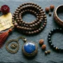 A collection of monastery-blessed Tibetan spiritual jewelry for Mercury retrograde protection, including black obsidian bracelets, lapis lazuli pendant, and bodhi seed mala beads, arranged on aged stone