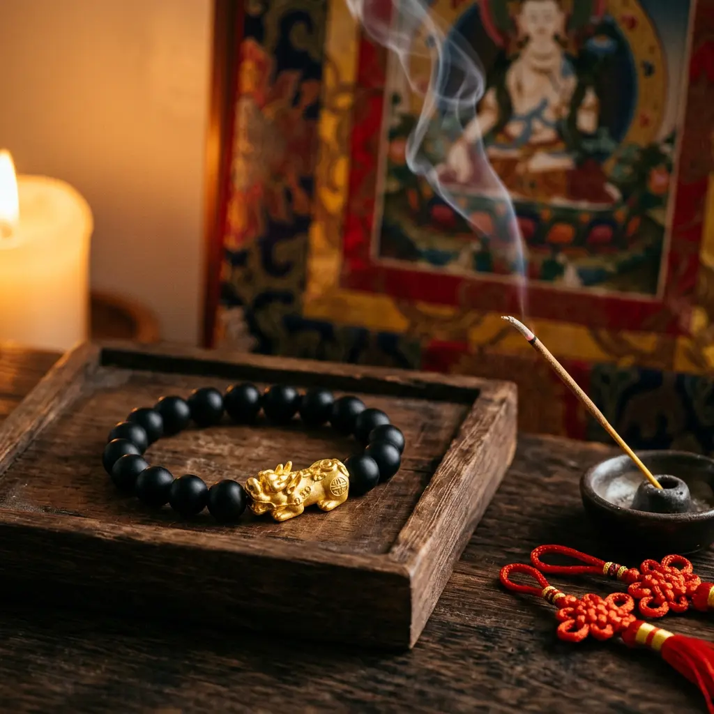 Monastery-blessed black obsidian Pixiu bracelet on a wooden altar with incense smoke, recommended for Horse zodiac Ben Ming Nian protection in 2026