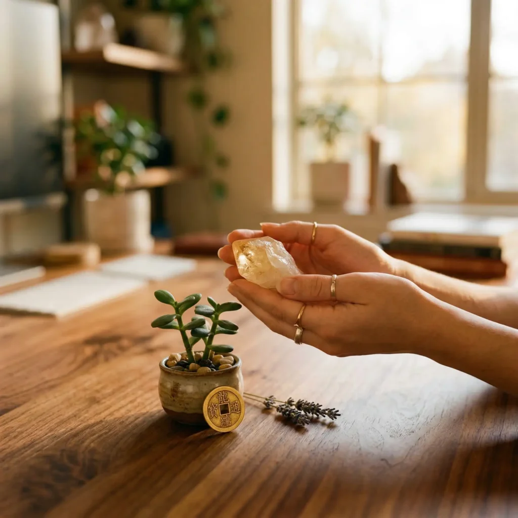 Close-up of hands holding a citrine crystal over a small feng shui altar on a desk during a morning intention-setting ritual, with soft warm light in the background