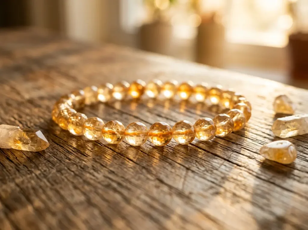Close-up of a natural pale yellow citrine gemstone bracelet showing translucent crystal beads with warm golden inner glow