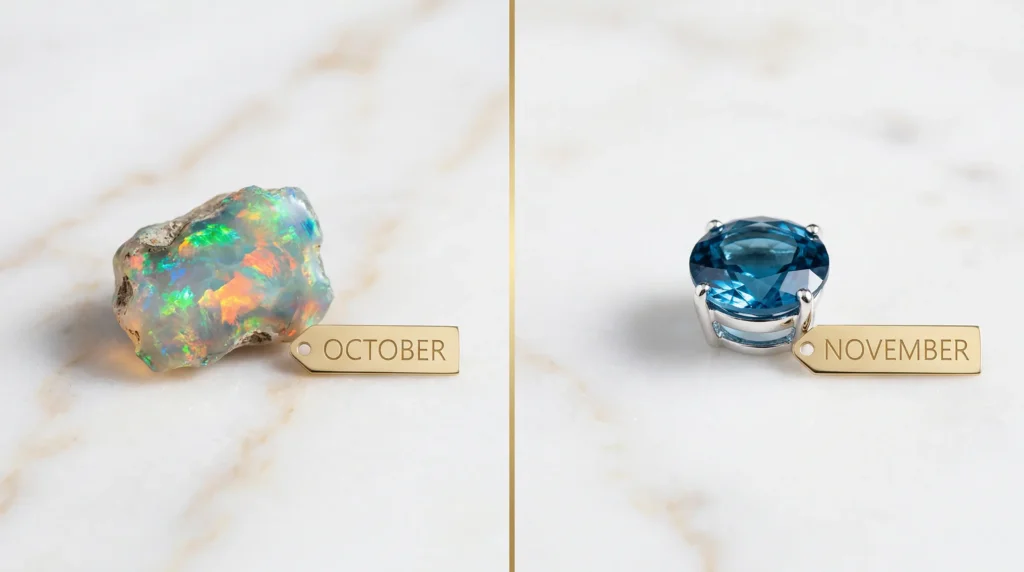 October Scorpio birthstone opal gemstone next to November Scorpio birthstone blue topaz crystal