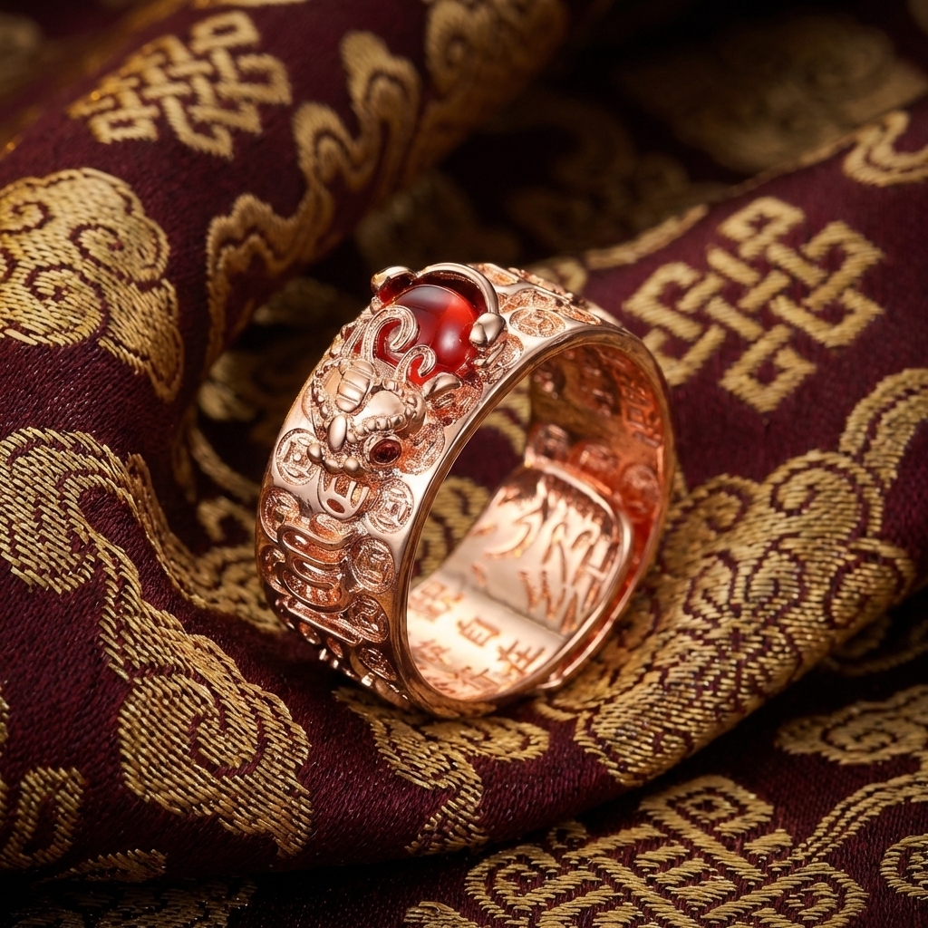 PiXiu Red Garnet Heart Sutra Ring Rose Gold – Tibetan Silk Brocade Display PotalaStore Rose gold PiXiu red garnet Heart Sutra ring placed on traditional Tibetan red and gold silk brocade embroidered with endless knot and cloud motifs