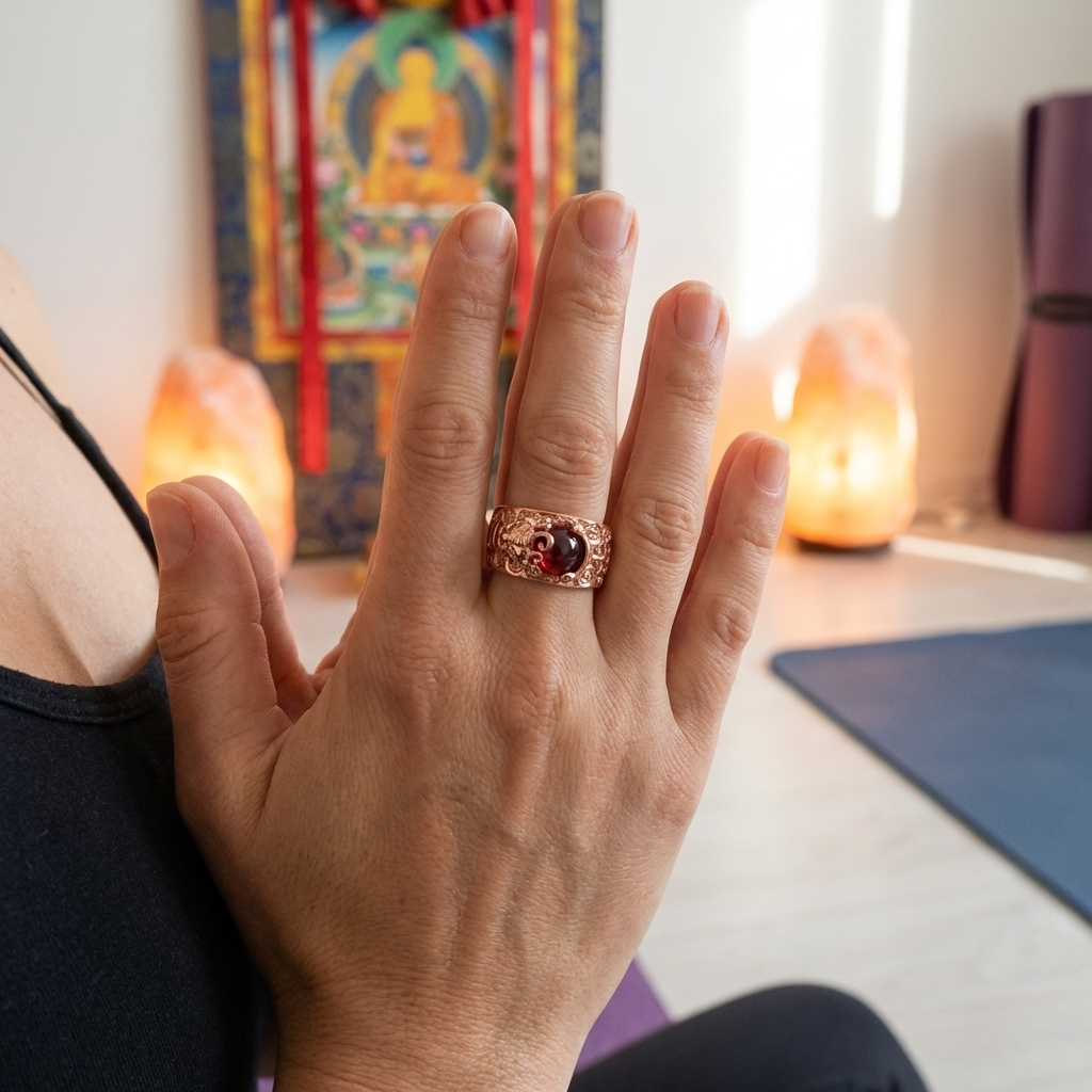 PiXiu Red Garnet Heart Sutra Ring in Rose Gold – Yoga & Spiritual Practice PotalaStore Woman in a yoga studio showing her rose gold PiXiu red garnet Heart Sutra ring with a Tibetan Buddhist thangka painting and Himalayan salt lamps visible in the background