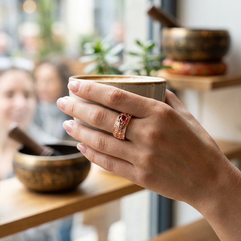 PiXiu Wealth Ring Rose Gold Worn Daily – Feng Shui Jewelry for Modern Women PotalaStore Close-up of a woman's hand wearing a rose gold PiXiu red garnet ring while holding a coffee cup in a modern café with Tibetan singing bowls on the shelf