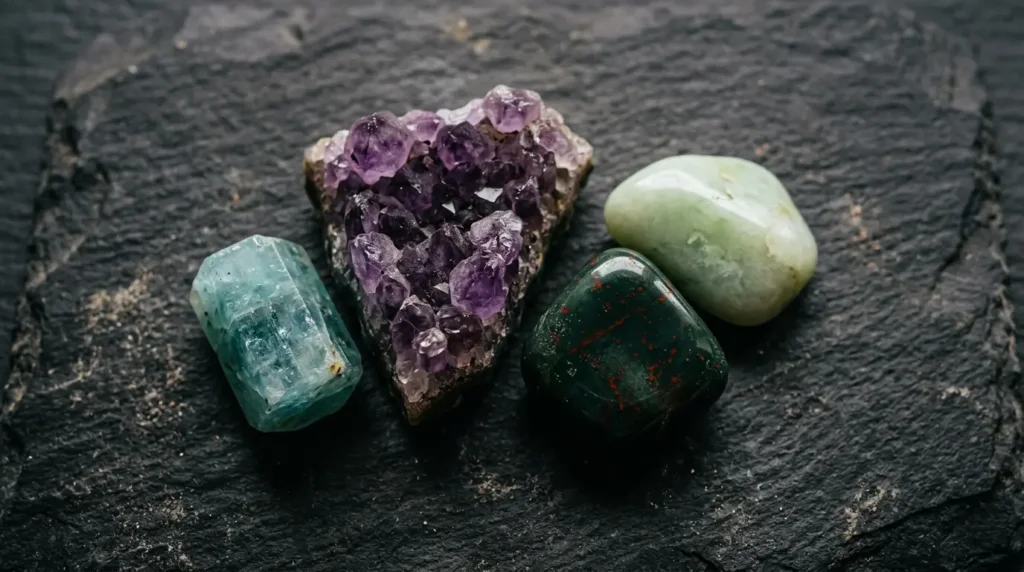 Four Pisces birthstones arranged together: aquamarine, amethyst, bloodstone, and jade on a dark textured surface with soft directional lighting