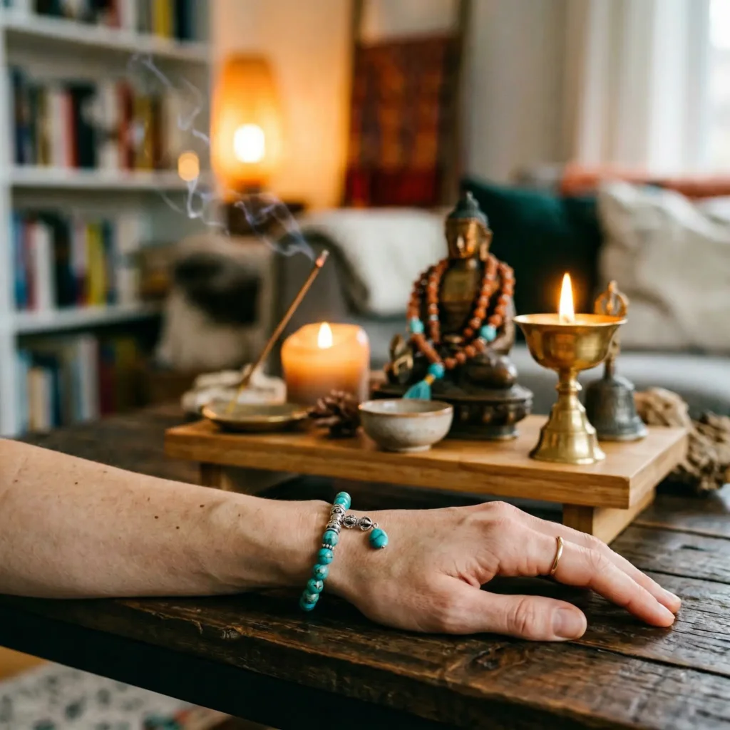 Close-up of weathered hands holding a full 108-bead Tibetan mala during japa meditation practice, with sandalwood beads between thumb and ring finger