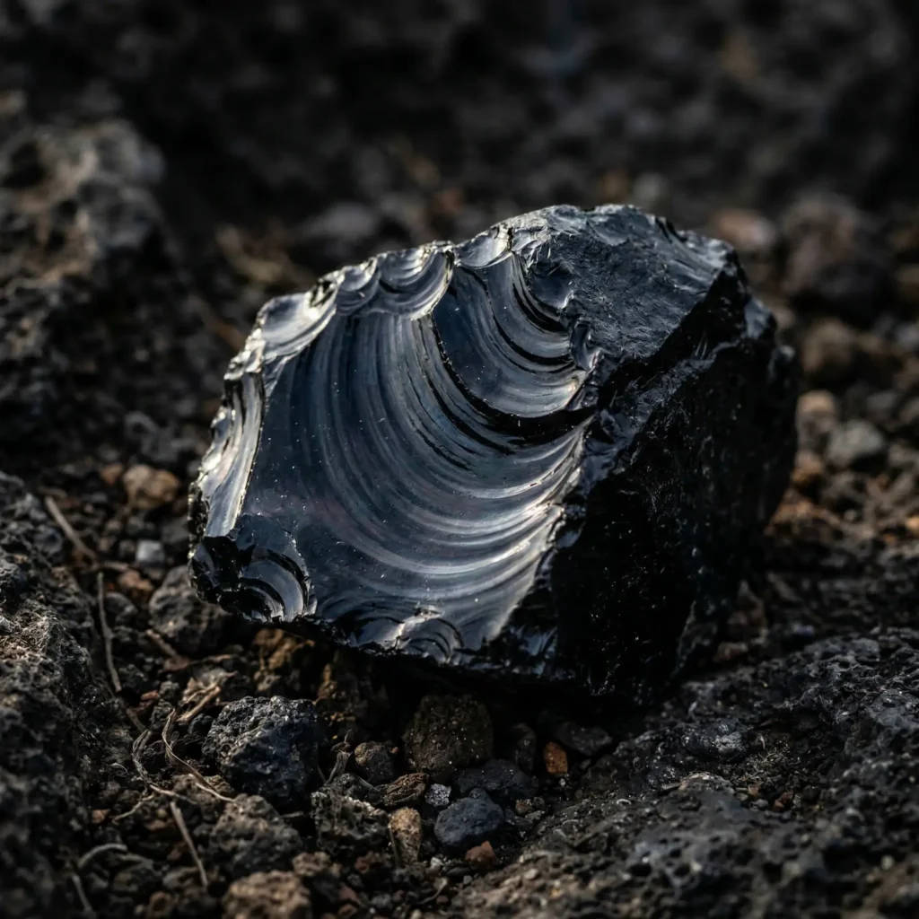 Raw black obsidian stone with characteristic conchoidal fracture edges revealing sharp, glassy surfaces, showing the volcanic glass texture and mirror-like luster that makes it unique among protective crystals