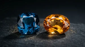 Scorpio birthstone blue topaz and golden topaz gemstones on dark background