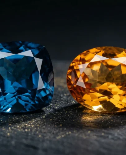 Scorpio birthstone blue topaz and golden topaz gemstones on dark background