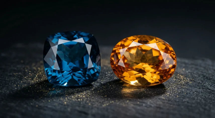 Scorpio Birthstone Blue Topaz and Golden Topaz Scorpio birthstone blue topaz and golden topaz gemstones on dark background