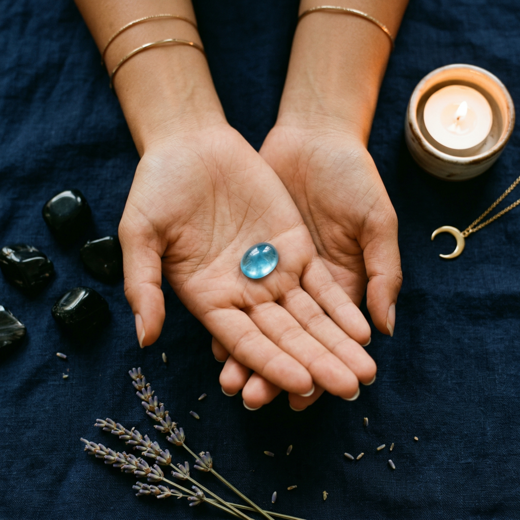 Person holding blue topaz birthstone during meditation, scorpio zodiac gemstone healing practice