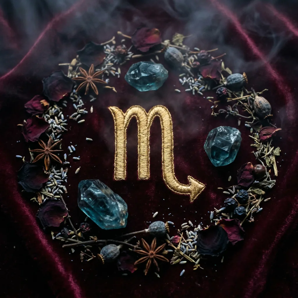 Scorpio zodiac symbol glowing beside a blue topaz crystal representing transformation and inner strength