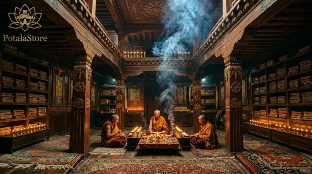 Tibetan Buddhist monks performing a multi-day blessing ceremony over spiritual jewelry pieces at a Himalayan monastery, with butter lamps, incense smoke, and sacred texts visible in the background