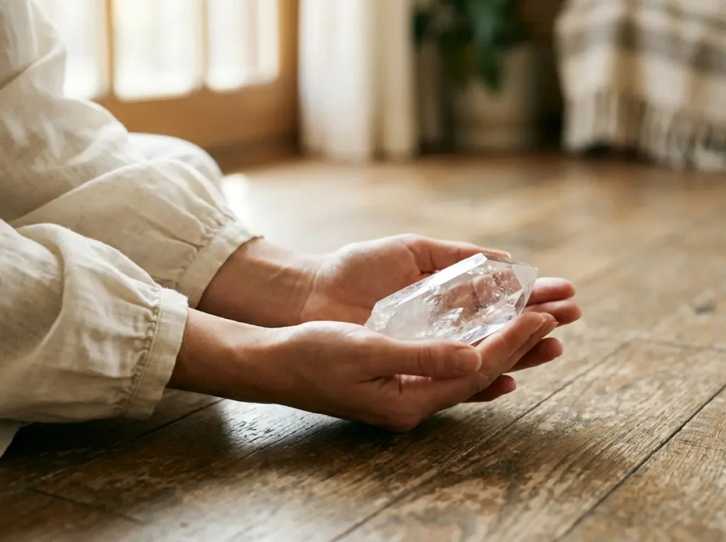 Close-up of woman's hands cupping a clear quartz crystal point during morning meditation, soft natural window light, peaceful mindfulness practice