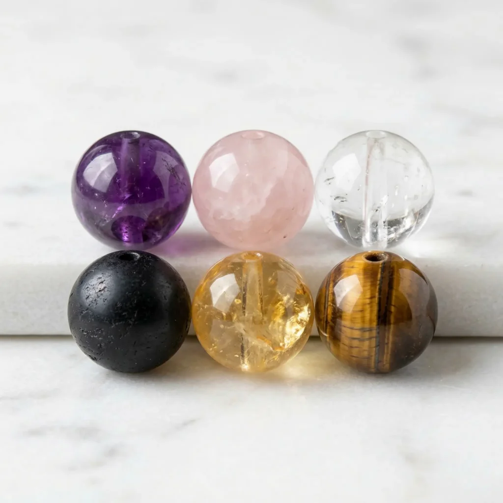 Six individual healing crystals for bracelets laid out in a grid: amethyst, rose quartz, clear quartz, black tourmaline, citrine, and tiger's eye, each labeled with their chakra color