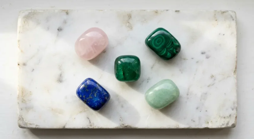 A collection of Taurus birthstones including emerald, rose quartz, and malachite arranged on a natural stone surface